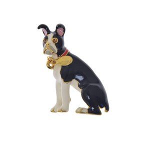 Joan Rivers Pin Boston Terrier 1 1/4" Black White Pink Ears Red Collar JR Tag